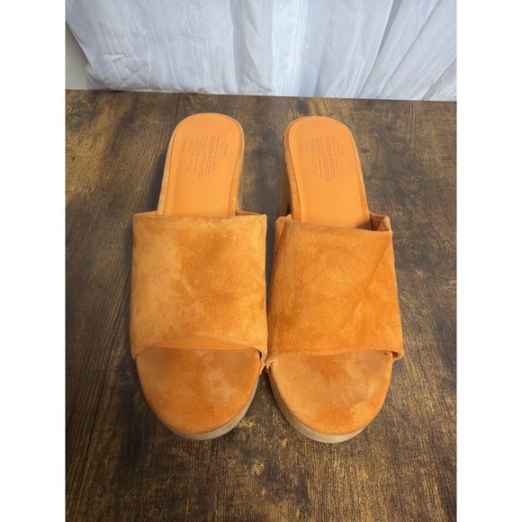 Charlotte Stone Kayla Orange Suede Wood Platform Clogs Women's 8 Sandals - Picture 3 of 16